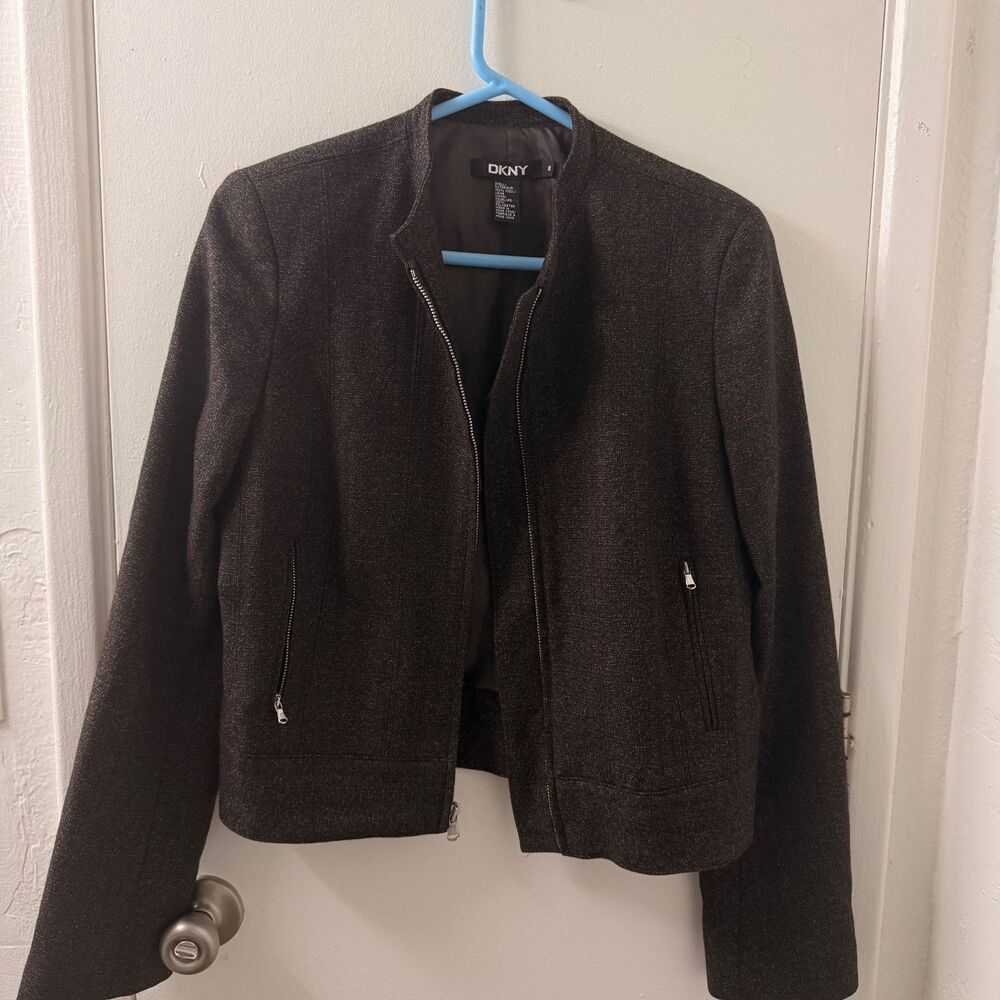 DKNY Women Jacket Size 8 Wool Tweed Brown Gold